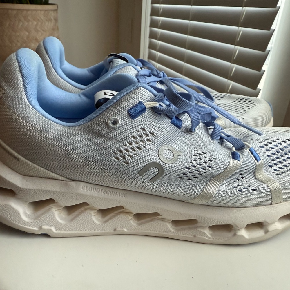 On Running Blue and White Athletic Shoes with Cloud Cushioning